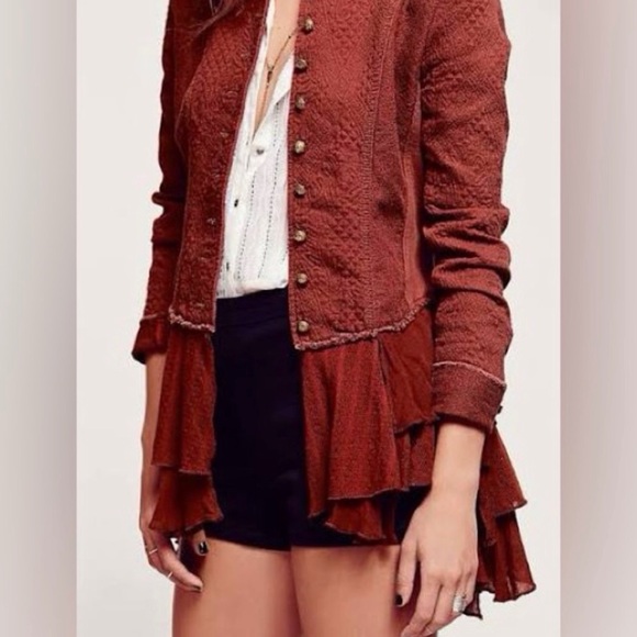 Free People Red Mulitary Ruffled Jacket Sz 10 - Picture 3 of 5